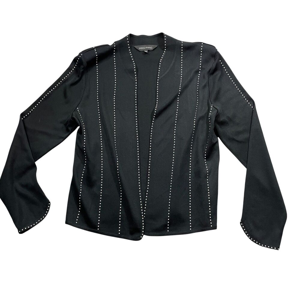Ming Wang Medium Black Cardigan White Open Front Accent 100% Filament Acrylic